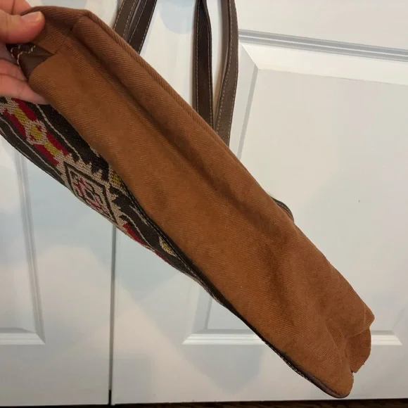 Myra Bag Brick Brown Leather Red Tan Embroidered Cotton Canvas Tote - Picture 7 of 11